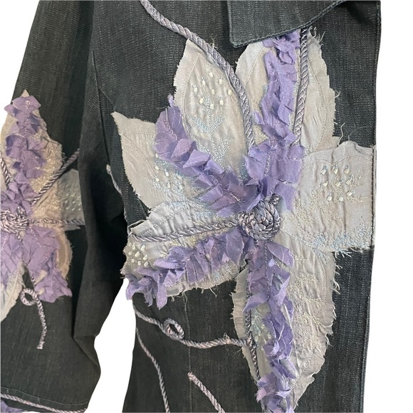 Bleu Bayou Dark Blue Embellished Open Jacket with Flower Appliques Art to Wear L - Picture 8 of 12